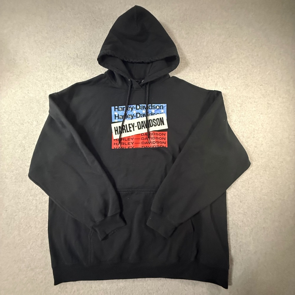 Harley-Davidson Mens 2XL Black Patriotic Stars Stripes Graphic Pullover Hoodie